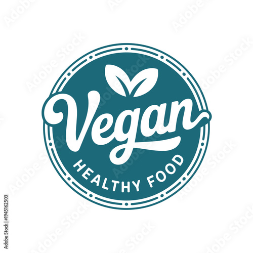 A circular vegan label featuring stylized text and a leaf emblem