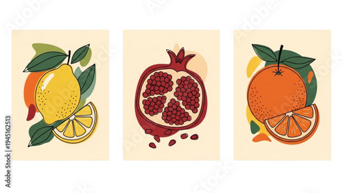 Vibrant illustrations of citrus fruits and pomegranate on display