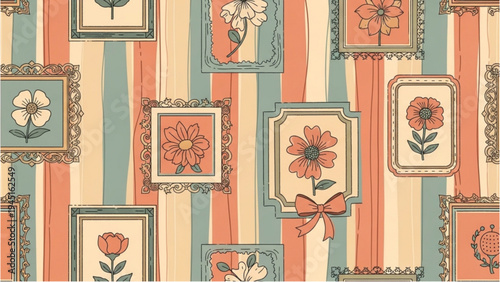 Vibrant floral patterns adorn colorful striped fabric with framed illustrations