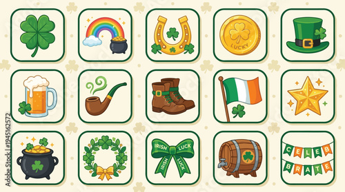 A vibrant collection of traditional Irish holiday symbols and festive St. Patrick's Day celebration elements, perfect for design projects and seasonal themes showcasing culture and luck