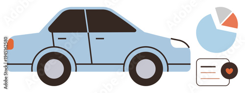 Automotive data, transportation management, car sales, analytics, auto services, customer feedback. Blue car with a pie chart and document with a heart. Automotive data and transportation management