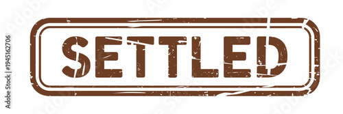 A distressed brown rectangular stamp displaying the word settled in bold letters