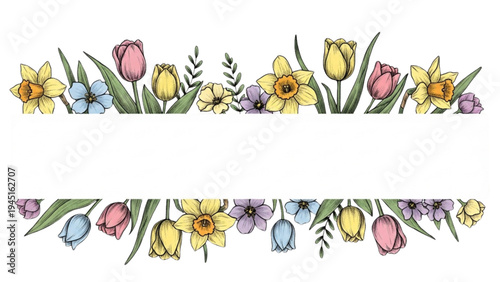 Vibrant flowers including tulips and daffodils are arranged in a decorative border.