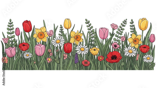 A vibrant garden scene featuring blooming flowers and lush greenery at a serene natural landscape.