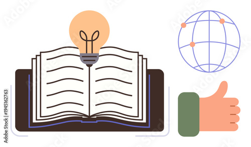 Education, innovation, global communication, idea generation, learning resources, intellectual growth. Open book with a lightbulb and a globe with connections. Education and innovation concept