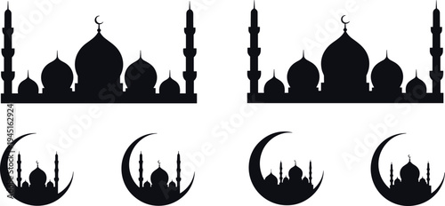Islamic mosque silhouette collection with crescent moon icons, Arabic architecture skyline set for Ramadan Kareem and Eid Mubarak celebration vector illustration