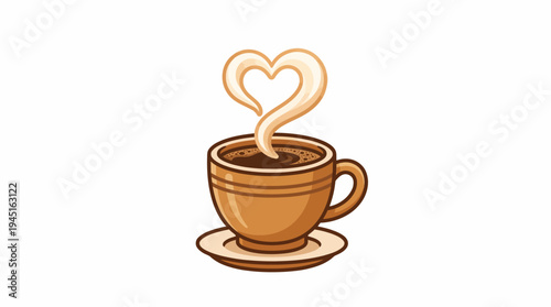 A steaming cup of coffee with a heart-shaped steam cloud rising, symbolizing love and warmth