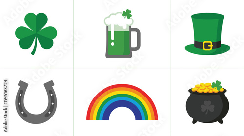 Festive collection of vibrant flat design vector illustrations depicting traditional St. Patrick's Day symbols of luck and celebration, perfect for cultural holiday themes