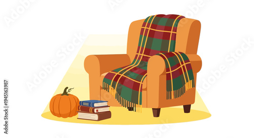 Warm Cozy Armchair with Plaid Blanket, Books, and a Pumpkin on an Isolated White Background with Soft Light, Perfect for Autumn Evenings