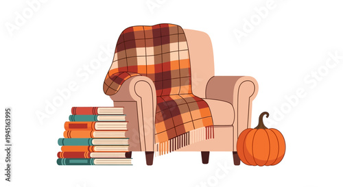 Cozy Armchair with Plaid Blanket, Stack of Books, and a Pumpkin on an Isolated White Background, Inviting Autumn Reading Nook
