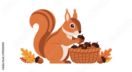 Cute Happy Squirrel Eating an Acorn Beside a Woven Basket Full of Nuts and Oak Leaves on an Isolated White Background, Autumn Animal Activity