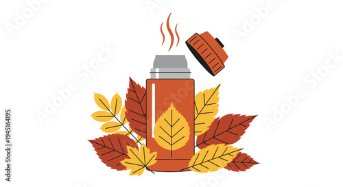 Red Thermos Bottle with Open Lid and Steam Surrounded by Autumn Leaves on an Isolated White Background