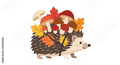 Cute cartoon hedgehog with autumn leaves and various mushrooms on its back, depicting a forest animal on an isolated white background