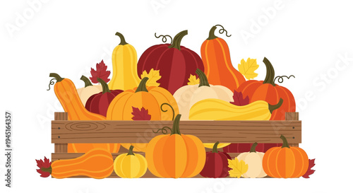 Rustic wooden crate filled with an abundance of diverse autumn pumpkins and gourds, on an isolated white background