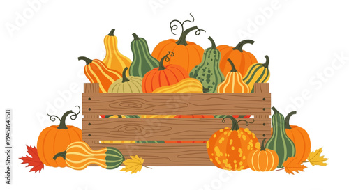 Wooden crate overflowing with a variety of colorful autumn pumpkins and gourds, with fallen leaves, on an isolated white background