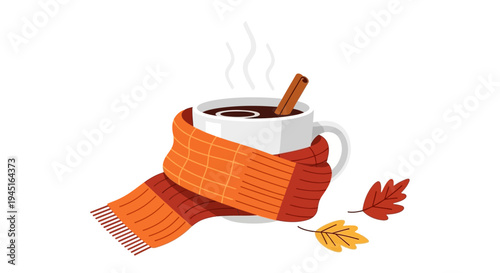 Steaming hot drink in a white mug with a cinnamon stick, wrapped in an orange knit scarf, with autumn leaves on an isolated white background