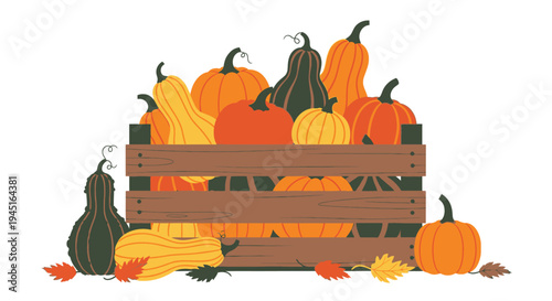 Rustic wooden crate filled with various colorful autumn pumpkins and gourds, surrounded by fallen leaves, on an isolated white background