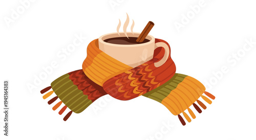 Steaming hot drink in a white mug with a cinnamon stick, wrapped in a warm striped autumn scarf, on an isolated white background