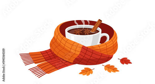 Hot drink in a white mug with star anise and cinnamon stick, wrapped in an orange knit scarf, with autumn leaves on an isolated white background