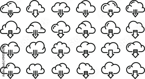 Cloud Download Line Icon Set for Data Storage, Backup, Sync and Internet Technology
