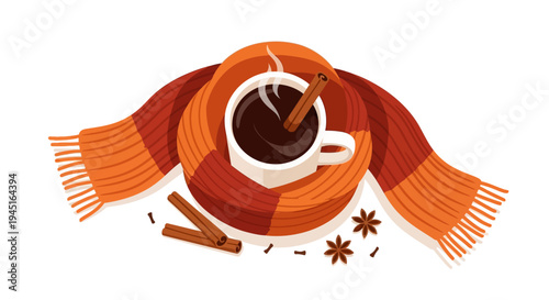 Top view of a steaming cup of coffee with a cinnamon stick, wrapped in a cozy orange knit scarf, with autumn spices on an isolated white background