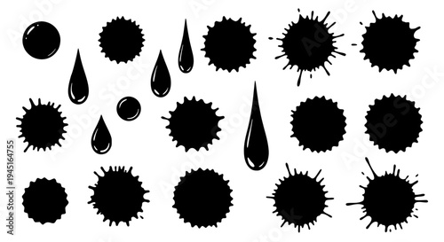 Blood splatter set with black ink drops and splotches on white background featuring graphic, illustration, vector with
