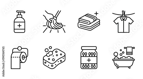 Black and white hygiene icons, rounded square frames, representing cleaning, sanitation, health, personal care, wellness, household essentials, and medicine.