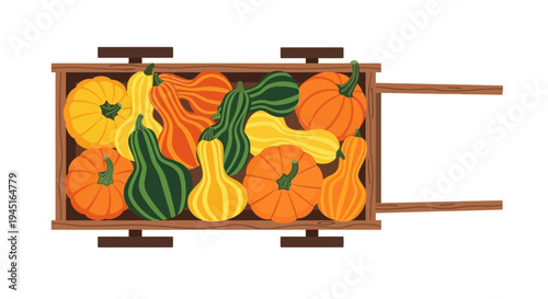 Rustic Wooden Cart Full of Autumn Pumpkins and Gourds, Isolated White Background.