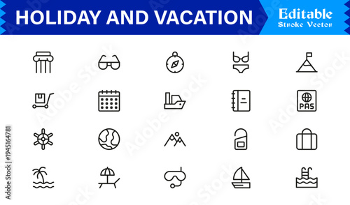 Holiday and Vacation Essentials – Professional Line Icon Set for Modern Travel Themes
