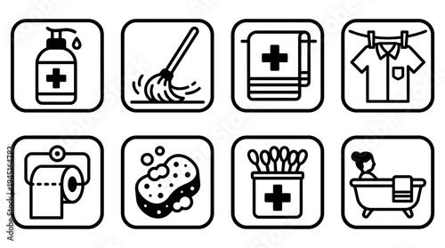 Black and white hygiene icons, rounded square frames, representing cleaning, sanitation, personal care, health, wellness, and household essentials.