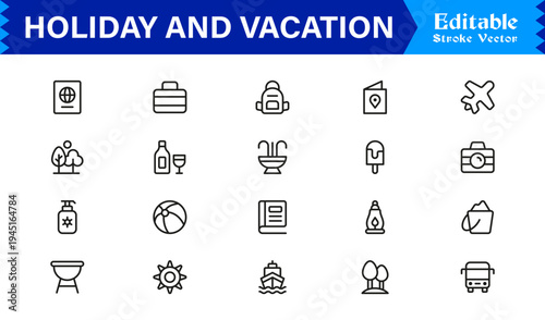 Holiday and Vacation Essentials – Professional Line Icon Set for Modern Travel Themes