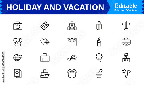 Holiday and Vacation Essentials – Professional Line Icon Set for Modern Travel Themes