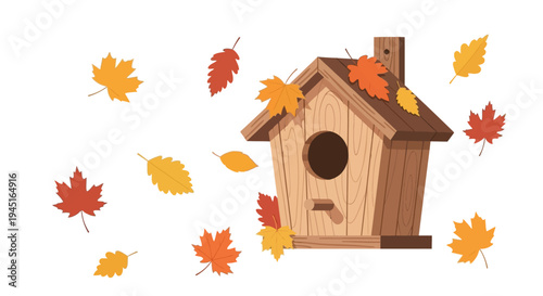 Wooden Birdhouse Surrounded by Blowing Autumn Leaves on Isolated White Background