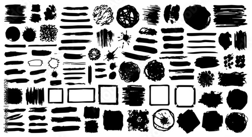 Brushstrokes hand drawn set with black lines, shapes and textures, artistic elements featuring vector, illustration,