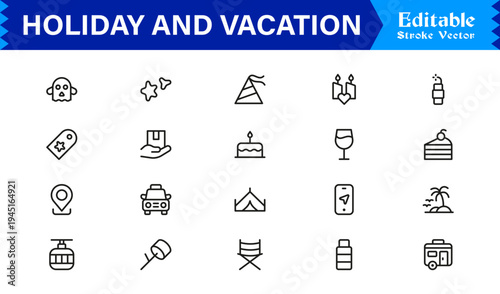 Holiday and Vacation Essentials – Professional Line Icon Set for Modern Travel Themes