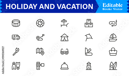 Holiday and Vacation Essentials – Professional Line Icon Set for Modern Travel Themes