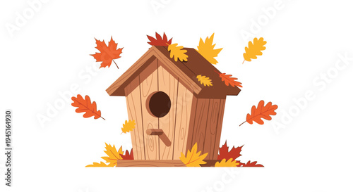 Charming Wooden Birdhouse Adorned with Scattered Autumn Leaves on Isolated White Background