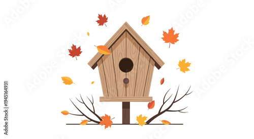 Rustic Wooden Birdhouse with Falling Autumn Leaves on Bare Branches, Isolated White Background
