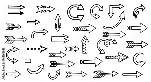 Arrows hand drawn set with black curved lines and various decorative elements on white background featuring vector,