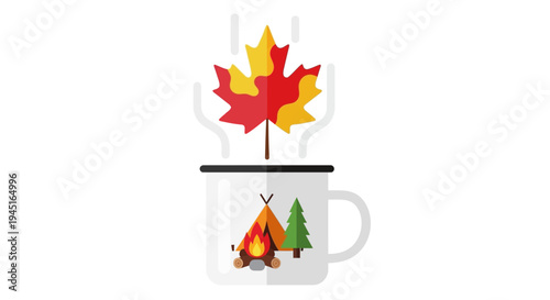 Rustic Enamel Mug with Campfire, Trees, and Floating Autumn Maple Leaf, Isolated White Background