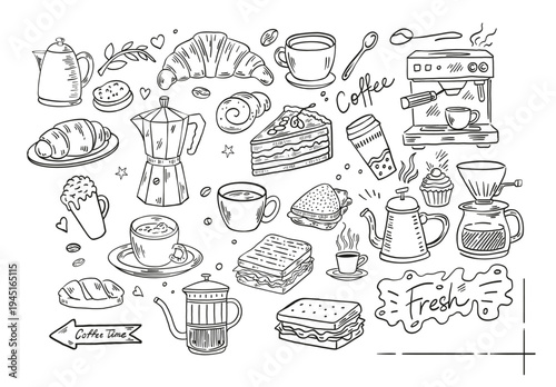 Hand Drawn Coffee and Bakery Doodle Set – Croissant, Espresso Machine, Coffee Cup, Sandwich, Cake Slice and Breakfast Elements Vector Illustration