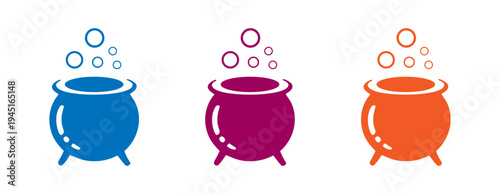 Colorful cauldrons with bubbles illustrating a magical potion brewing process
