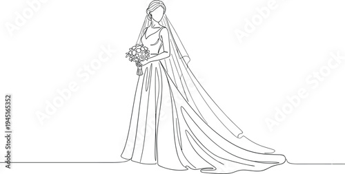Elegant bride in wedding gown holding bouquet minimal line art illustration for bridal fashion marriage ceremony and romance concept