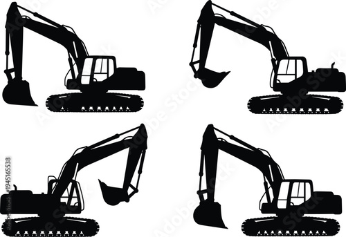 Excavator construction machinery silhouette set heavy equipment digger machine illustration for building industry mining engineering and construction work concept