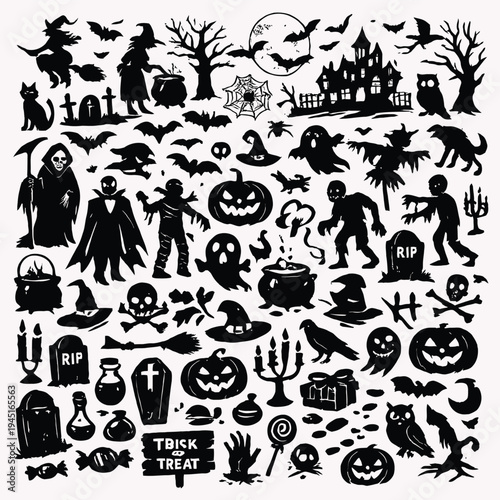  Big Set of Halloween Silhouettes – Witch, Pumpkin, Ghost, Bat and Spooky Characters, Hand Drawn Black Icon Collection for Halloween Decoration, Sticker and Clipart Vector Isolated on White Background