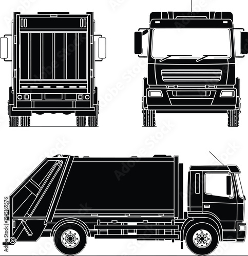 Garbage truck waste collection vehicle silhouette set front rear and side view sanitation transport service illustration design