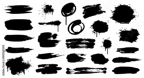 Brush strokes set with black ink splatters and smudges on white background featuring grunge effects, artistic elements,