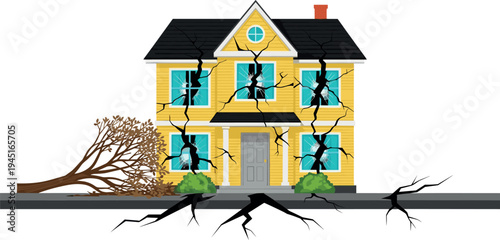 Earthquake damaged house with cracked walls broken windows fallen tree and ground fissures natural disaster vector illustration
