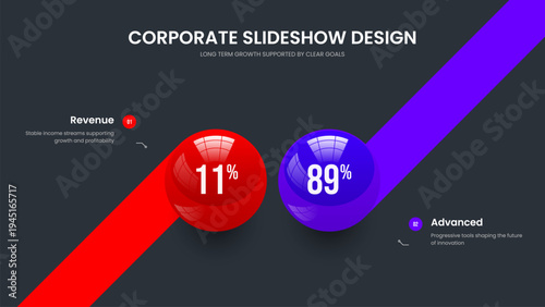 Corporate Strategy Two Step Chart Slide Template. Enterprise Overview 2 Element Diagram Presentation Layout. Professional Growth Frame Design Vector Illustration.