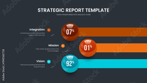 Consulting Overview Slide Design Vector Illustration. Clean Introduction 3 Element Graph Presentation Template. Financial Analysis Three Option Chart Slideshow Layout.